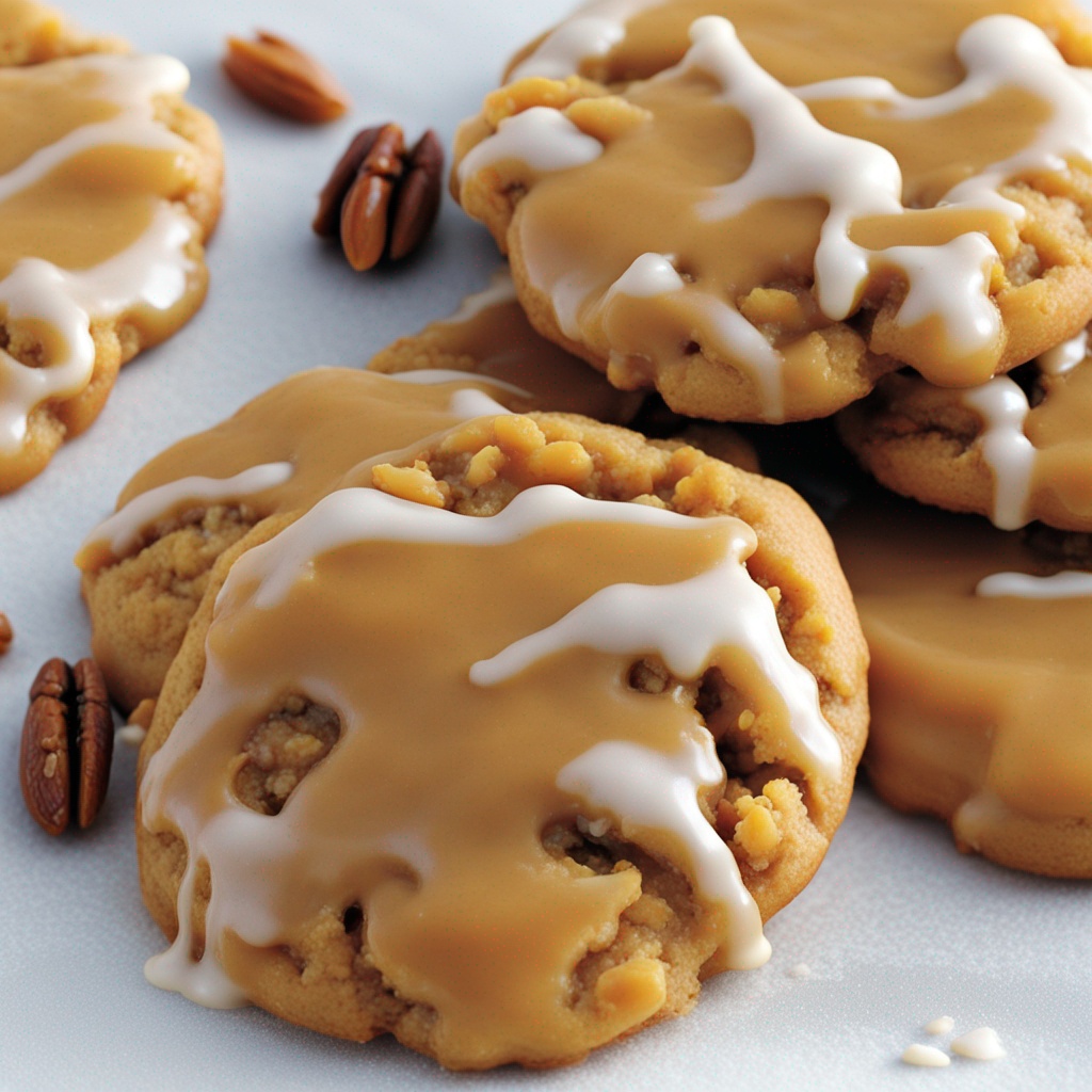 Golden-brown butternut cookies drizzled with rum glaze on a white plate.