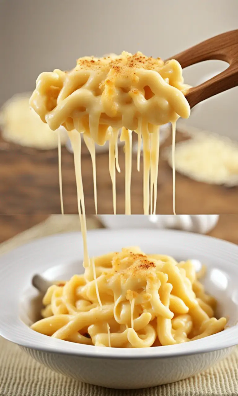 Close-up of melted cheddar and mozzarella cheese strings.