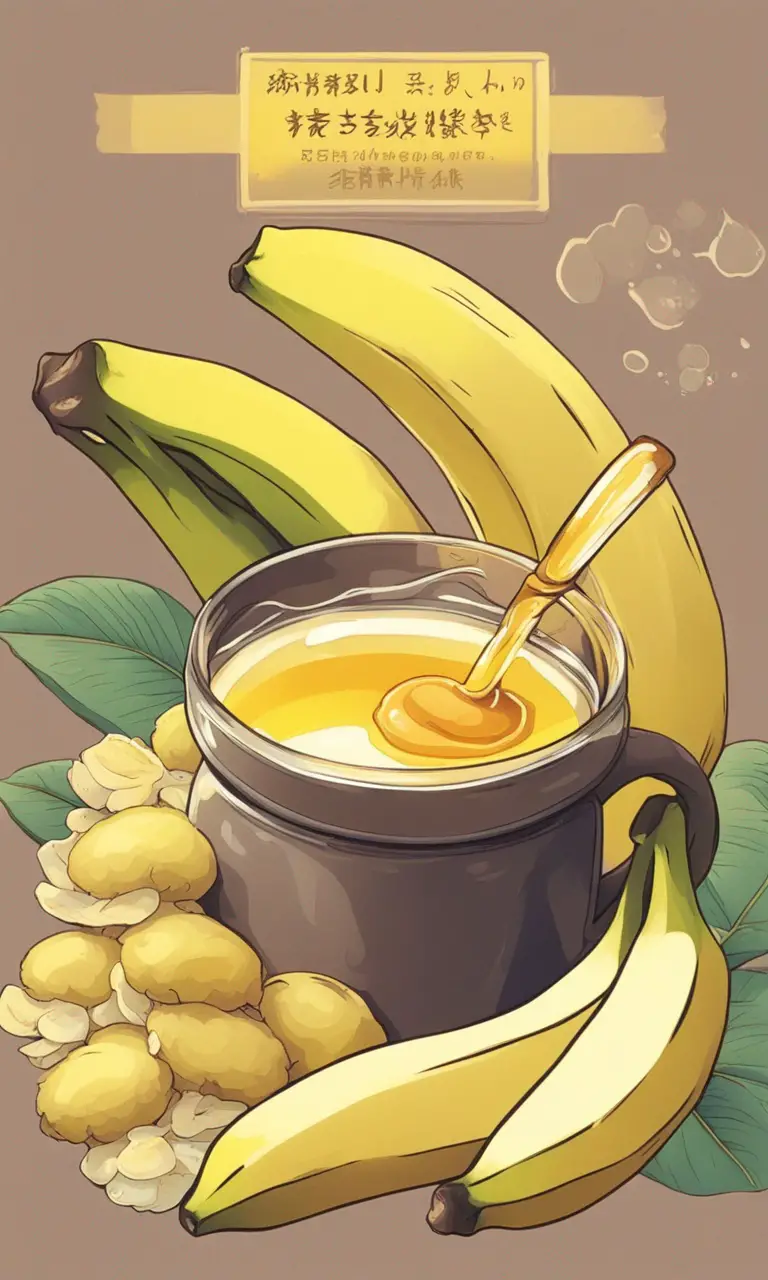 Glass container filled with banana, honey, and water concoction.