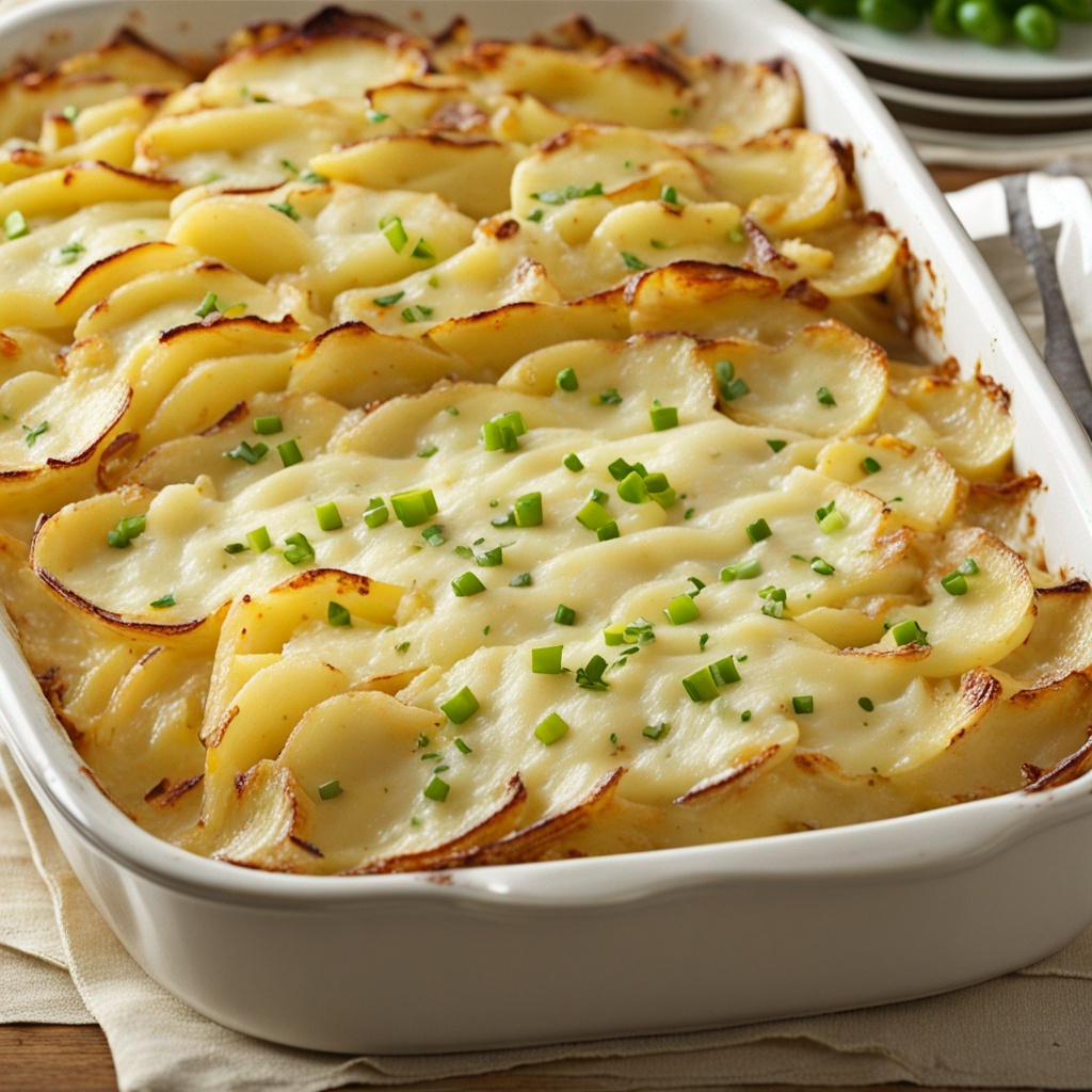 Freshly baked scalloped potatoes in a ceramic dish.