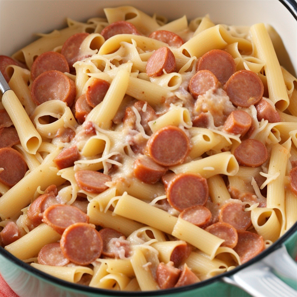 Close-up of gooey cheese melting over smoked sausage and pasta.