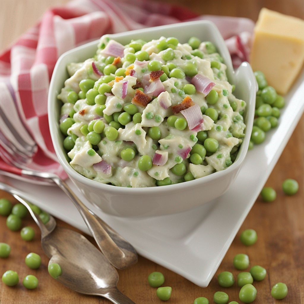 Bright and colorful Classic Pea Salad in a serving bowl.
