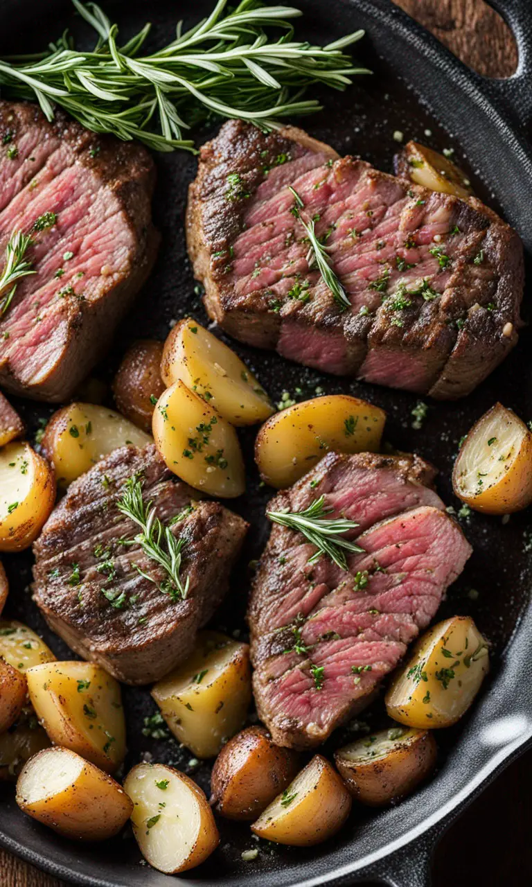 Garlic Herb Potatoes and Steak Skillet Pin for Pinterest