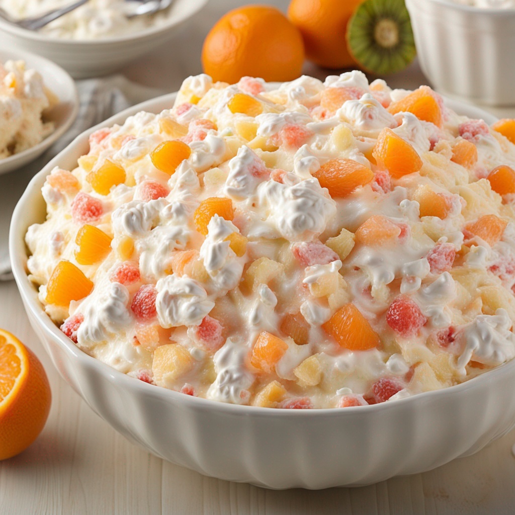 Homemade Ambrosia Salad in a Glass Bowl - Perfect for Family Gatherings.