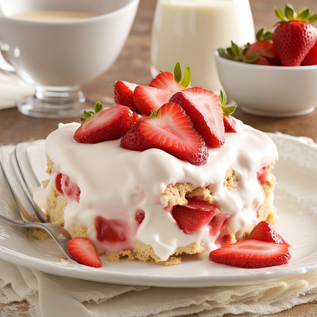 Slice of No-Bake Strawberry Shortcake on a plate.