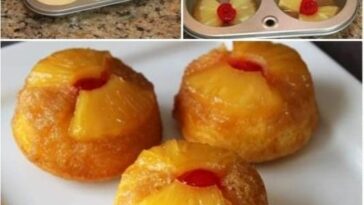 Inverting Pineapple Upside Down Cupcakes onto a serving tray.