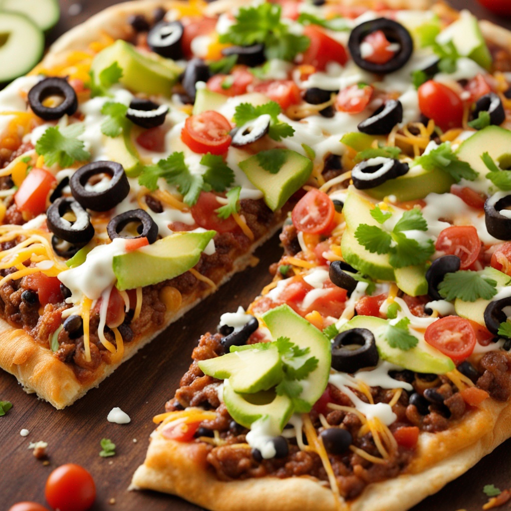 Freshly Baked Taco Pizza on a Wooden Board.