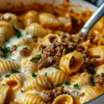 Delicious creamy beef and pasta shells skillet dinner, perfect for family-friendly meals