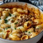 Hearty ground beef and shell pasta in a rich creamy sauce, ideal for quick weeknight dinners