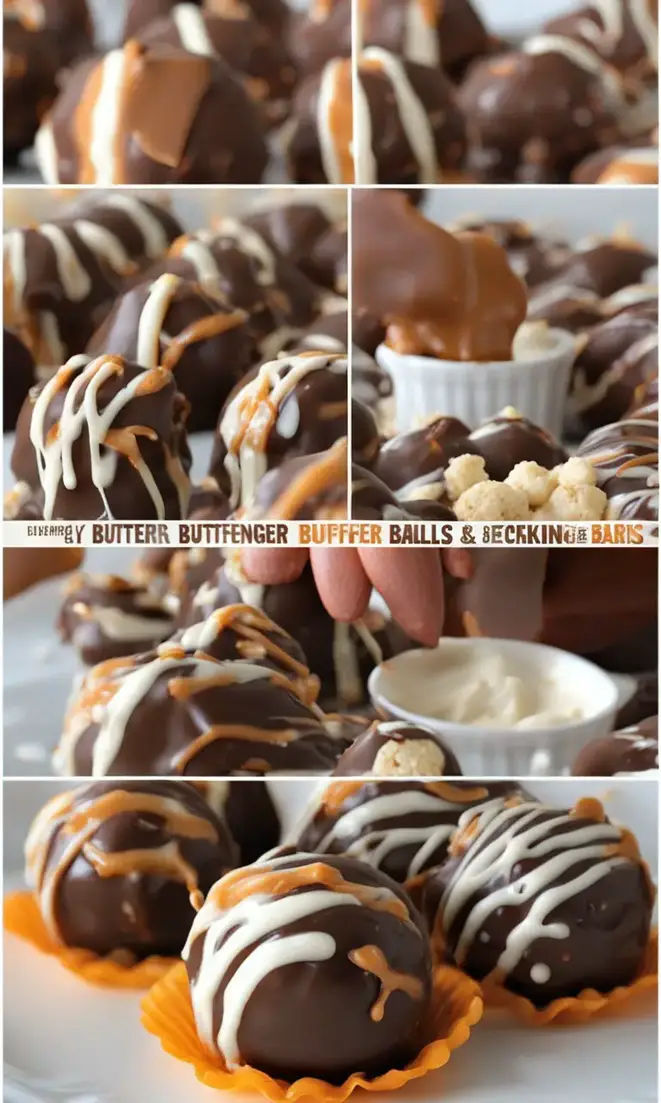 Butterfinger Balls arranged on a parchment-lined tray before chocolate dipping.