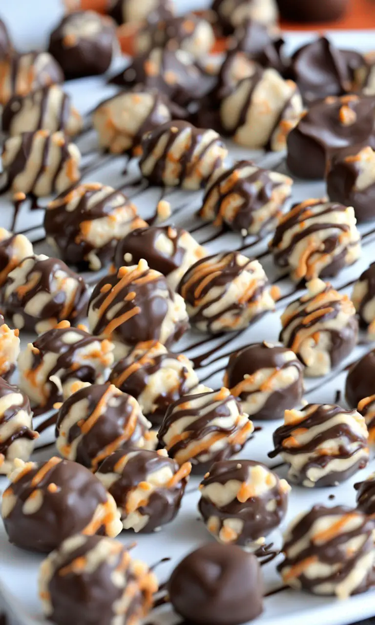 Close-up shot of a Butterfinger Ball showing the rich texture and chocolate coat.