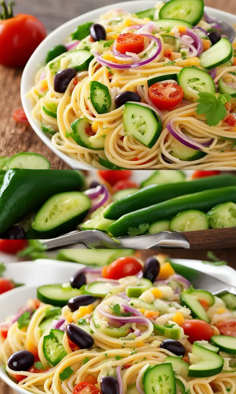 Close-up of spaghetti strands mixed with diced vegetables.