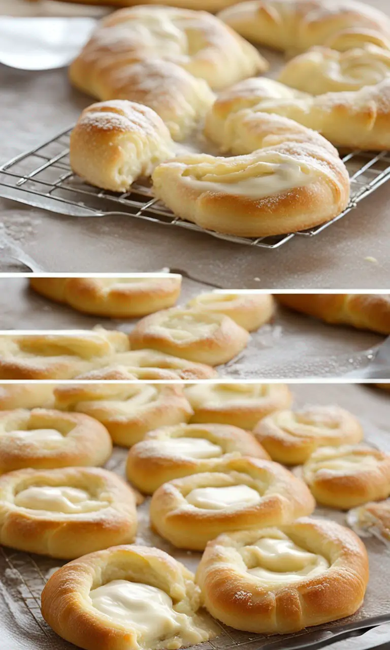 Freshly baked crescent cheese danishes cooling on a wire rack.