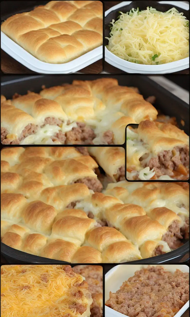Raw ingredients – crescent rolls, beef, cabbage, and cheese – laid out on kitchen counter.