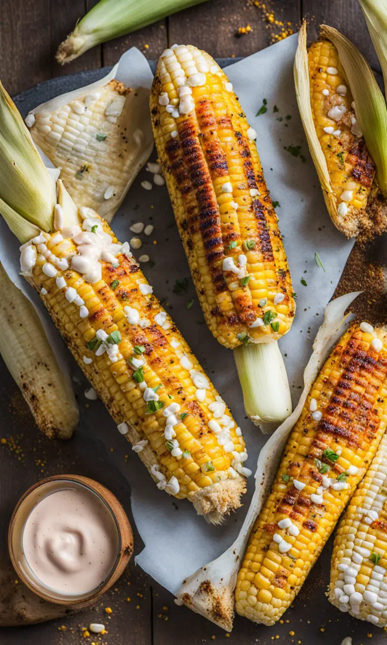 Perfectly charred ears of corn on a grill.