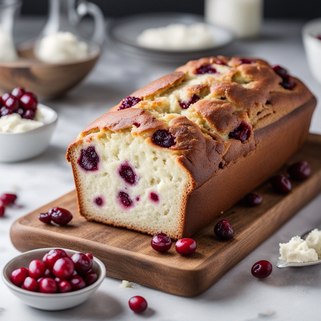 Cream Cheese Cranberry Loaf freshly baked on a wooden board.