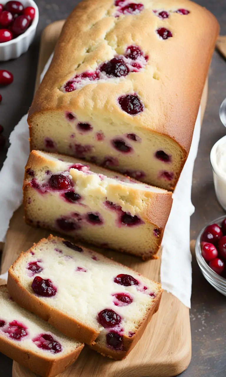 Sliced Cream Cheese Cranberry Loaf with powdered sugar.