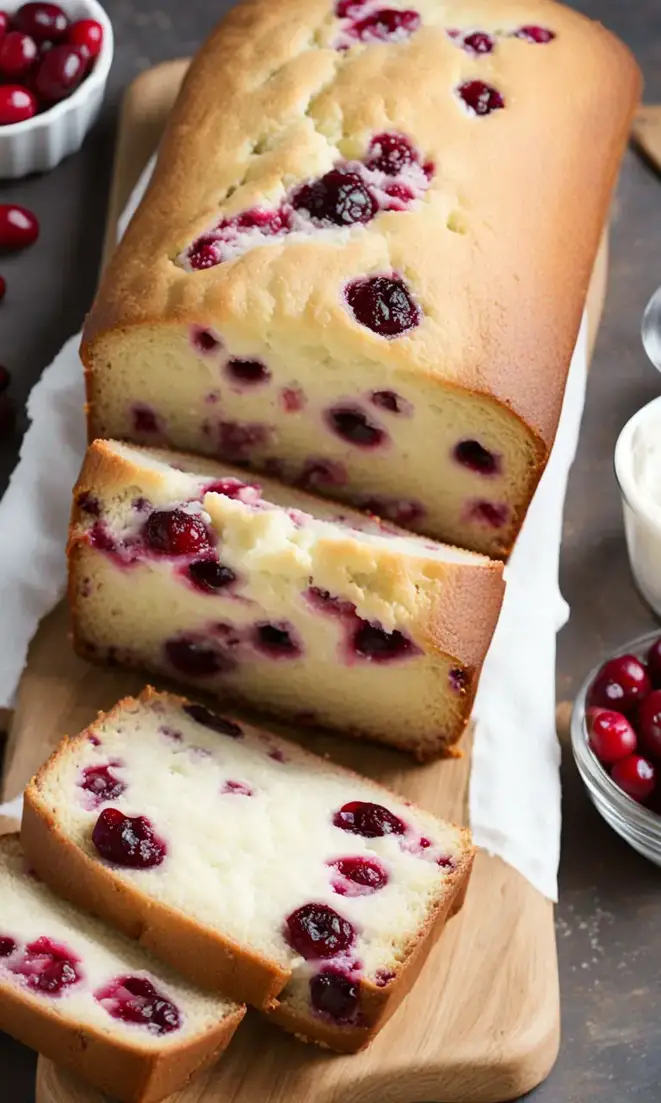 Sliced Cream Cheese Cranberry Loaf with powdered sugar.