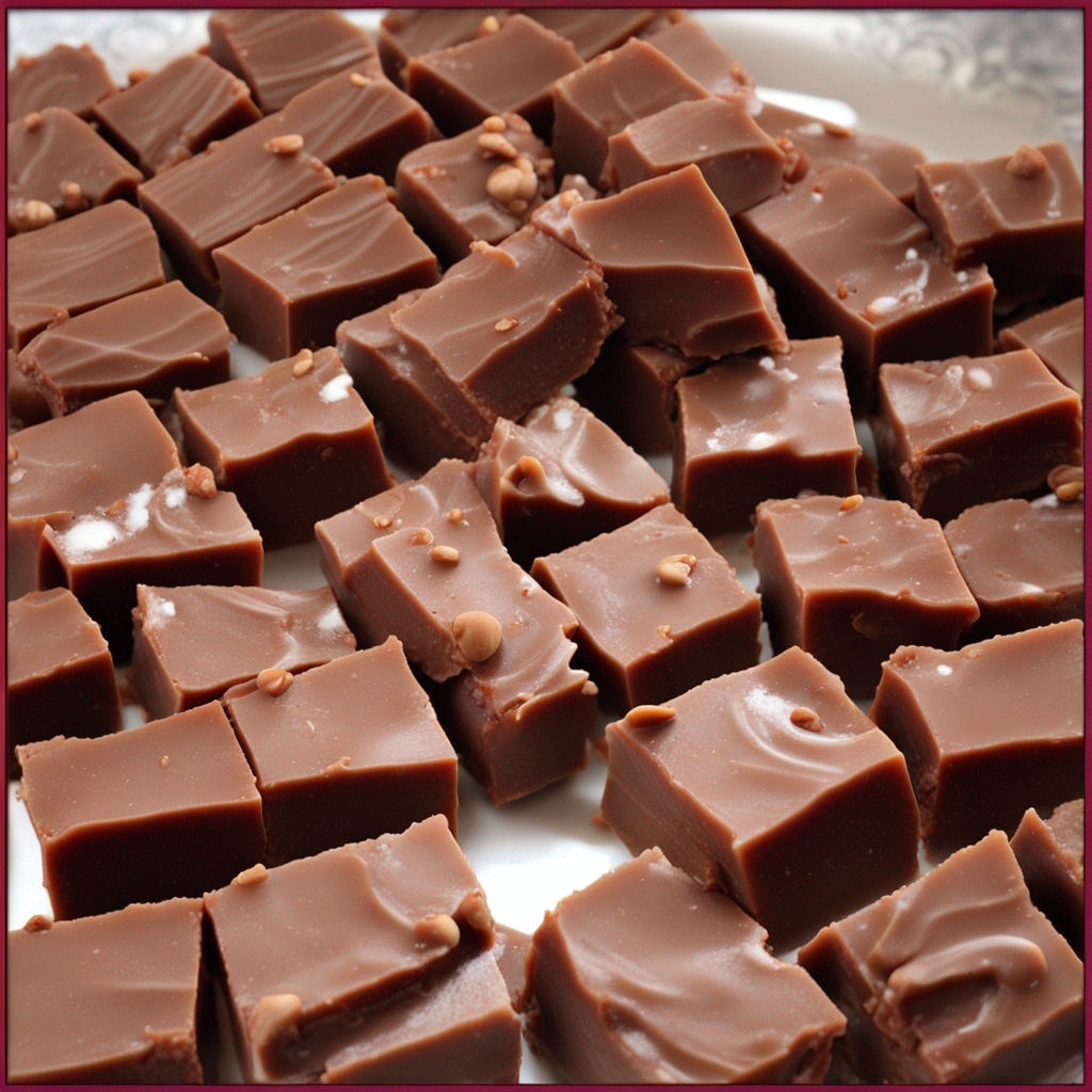 Creamy Old Fashioned Fudge squares on a rustic plate.