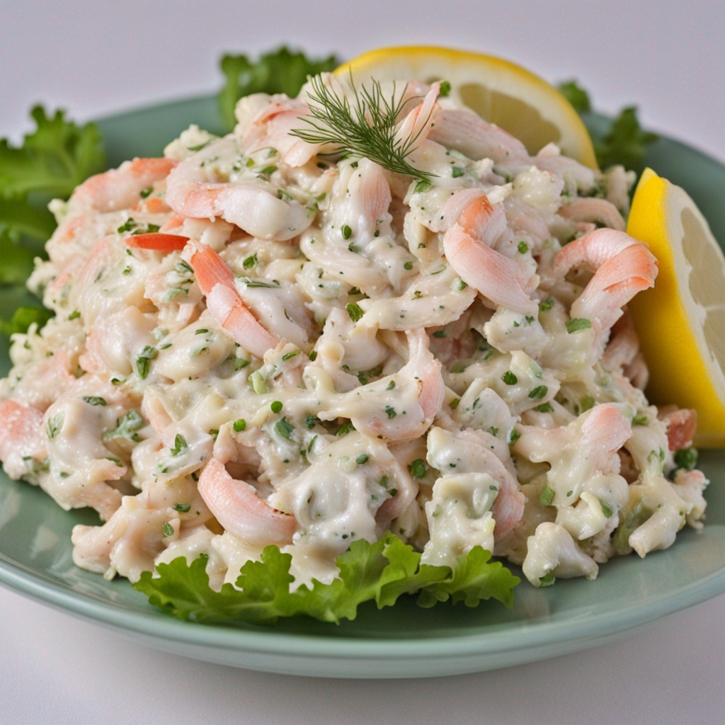 Close-up of creamy crab seafood salad texture.