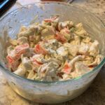 imitation crab, crab seafood salad, family recipe, summer salad, Grandma Rose, quick seafood dish, minced celery, creamy salad, heirloom recipe, beach house memories.