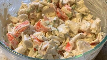 imitation crab, crab seafood salad, family recipe, summer salad, Grandma Rose, quick seafood dish, minced celery, creamy salad, heirloom recipe, beach house memories.
