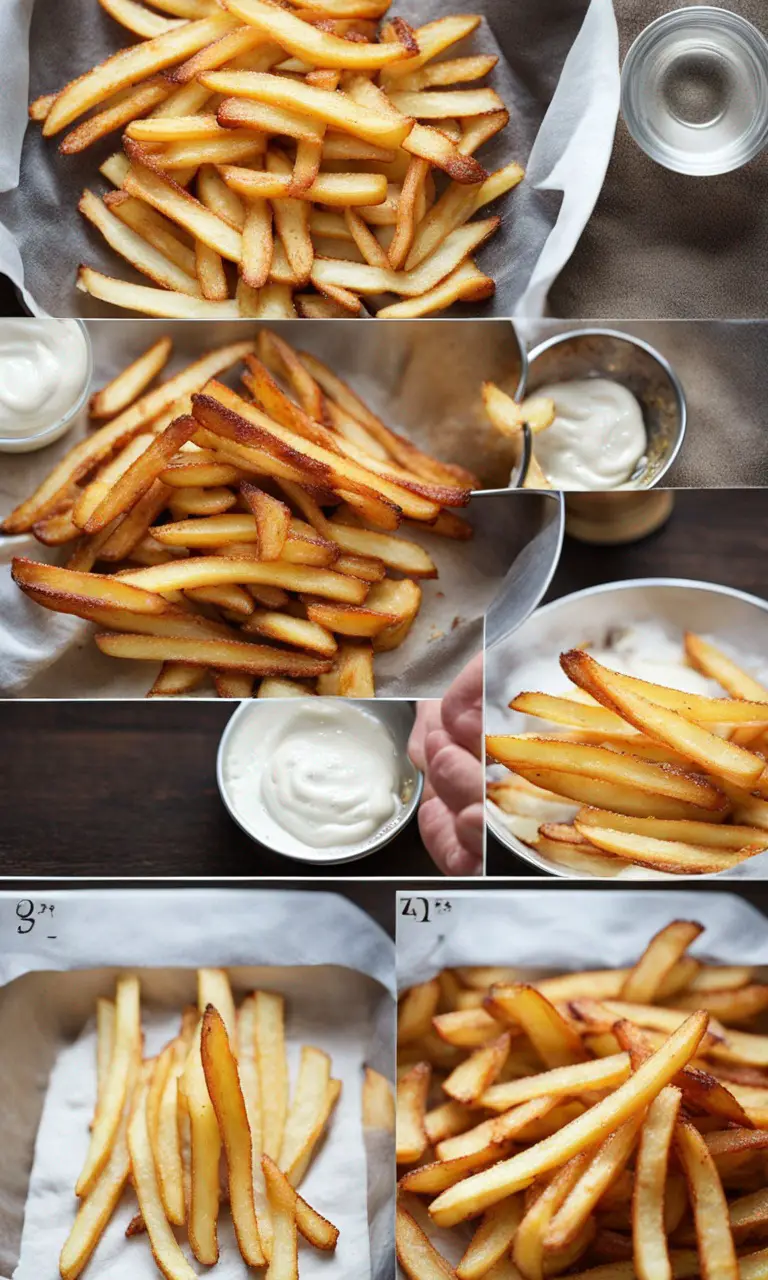 Golden crispy fries being tossed with cornstarch in a white bowl.
