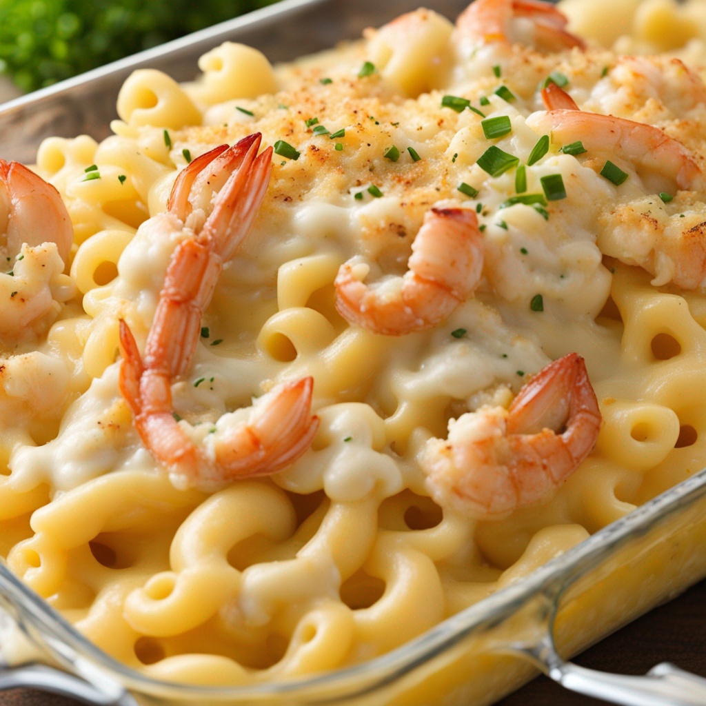 Close-up of creamy Seafood Mac and Cheese with golden-brown topping.
