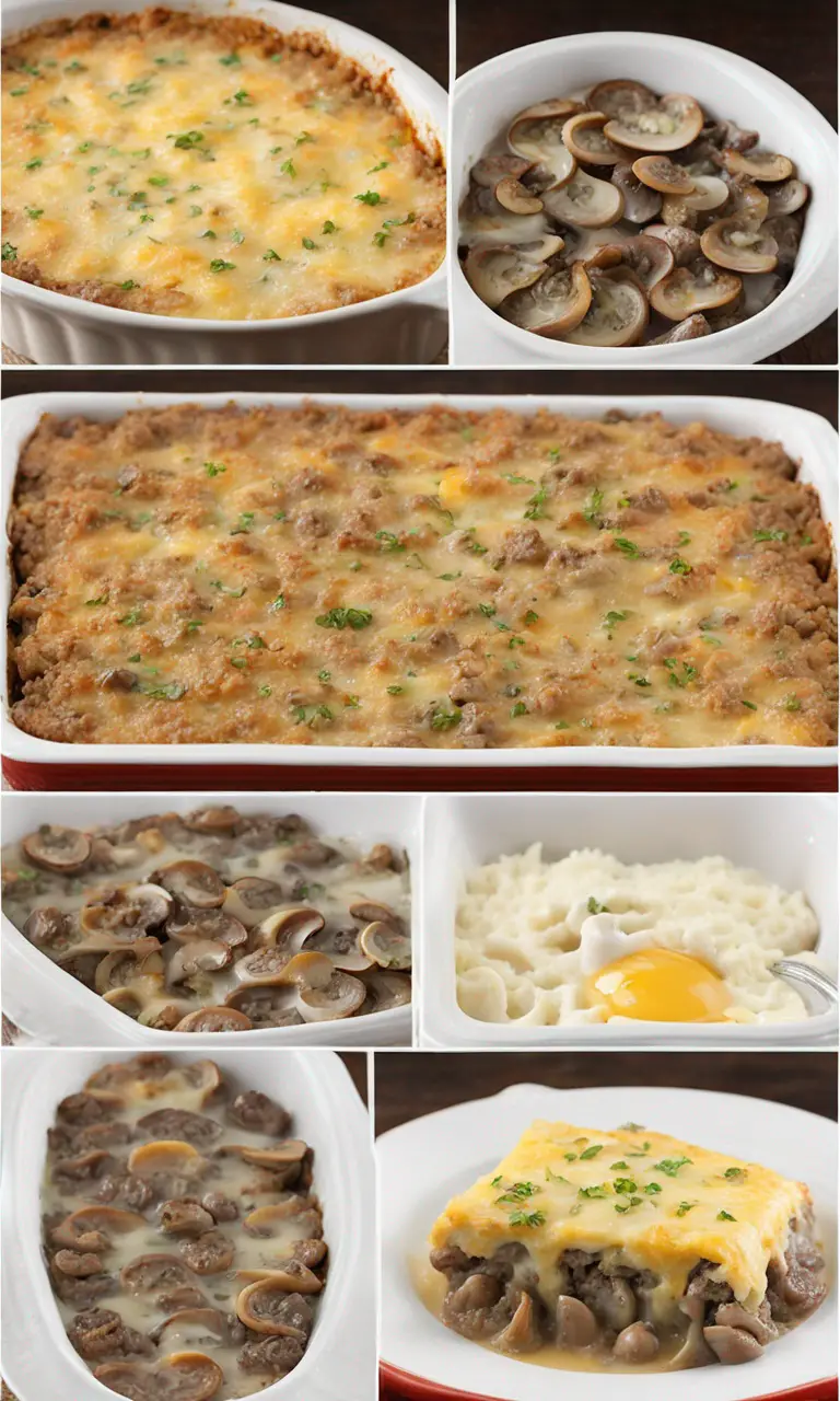 Layering beef and mushrooms in casserole dish.