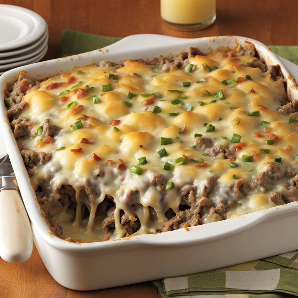 Freshly baked Philly Cheese Steak Casserole in a white dish.
