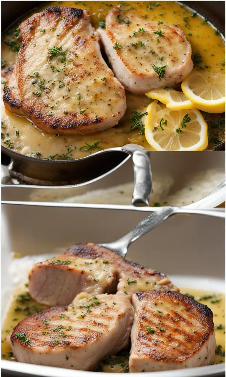 Close-up of the zesty lemon-thyme sauce drizzling over pork.