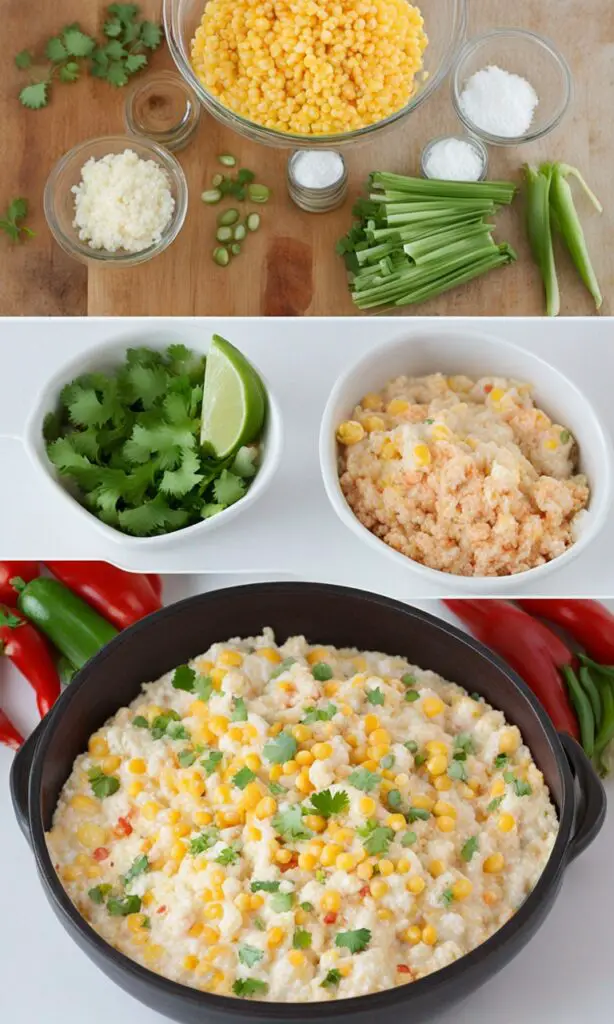 Fresh ingredients layout including Mexicorn, Rotel, cheddar, and green onions.