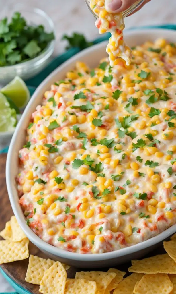 Creamy Mexican Corn Dip garnished with cilantro in a colorful bowl.