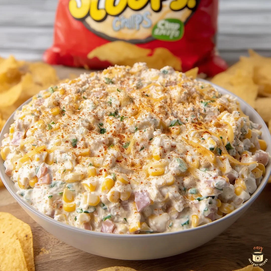 A bowl of creamy Mexican corn dip made with sweet corn, diced peppers, cheese, and seasoning, served with tortilla chips.