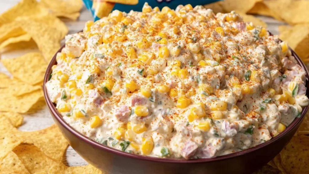 A large bowl filled with creamy Mexican corn dip made with corn, cream cheese, peppers, cilantro, and seasoning, surrounded by tortilla chips on a rustic wooden surface.