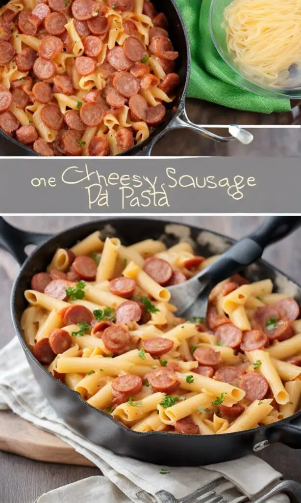 Melted cheese blend over steamy sausage pasta.