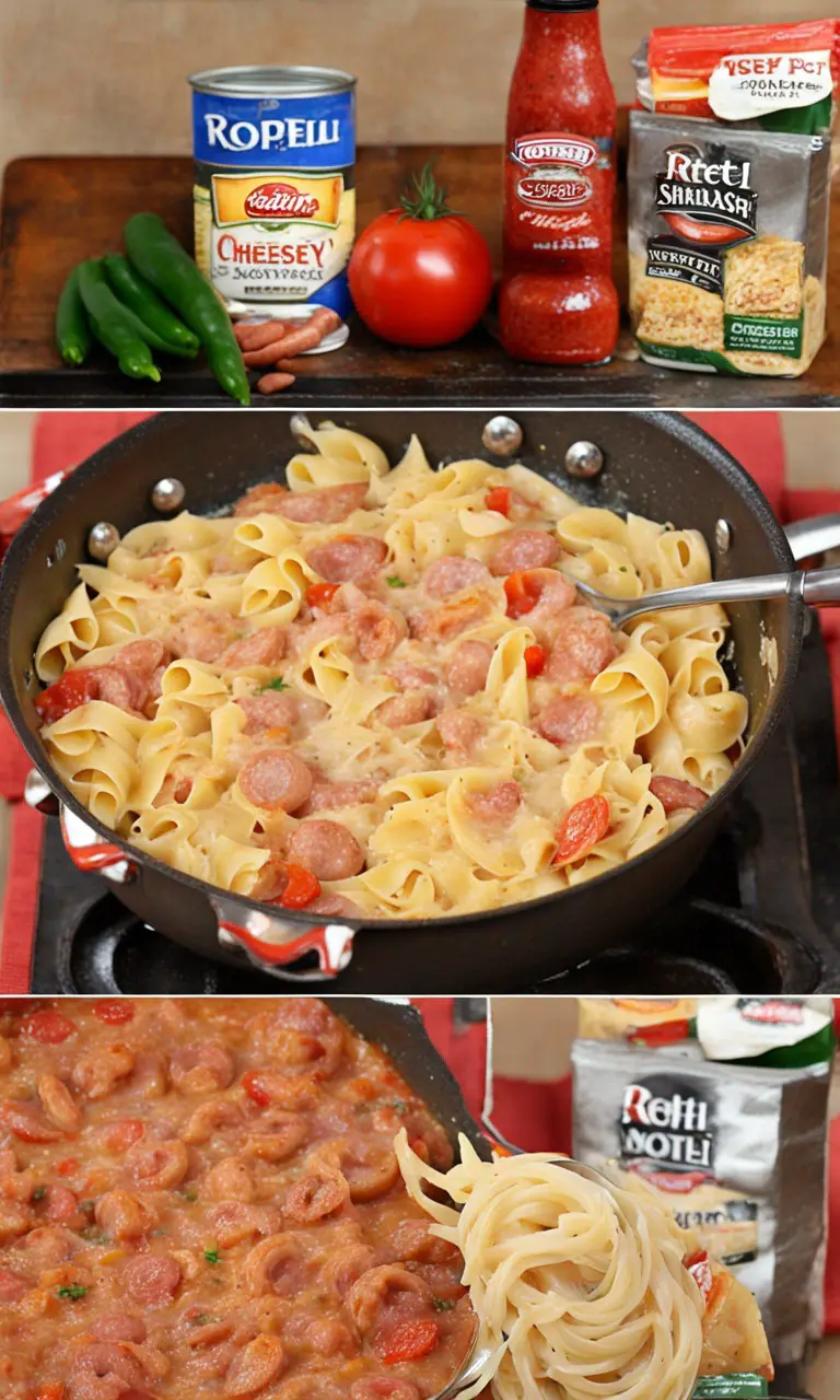 Bow tie pasta, smoked sausage, and cheese ingredients on a wooden countertop.