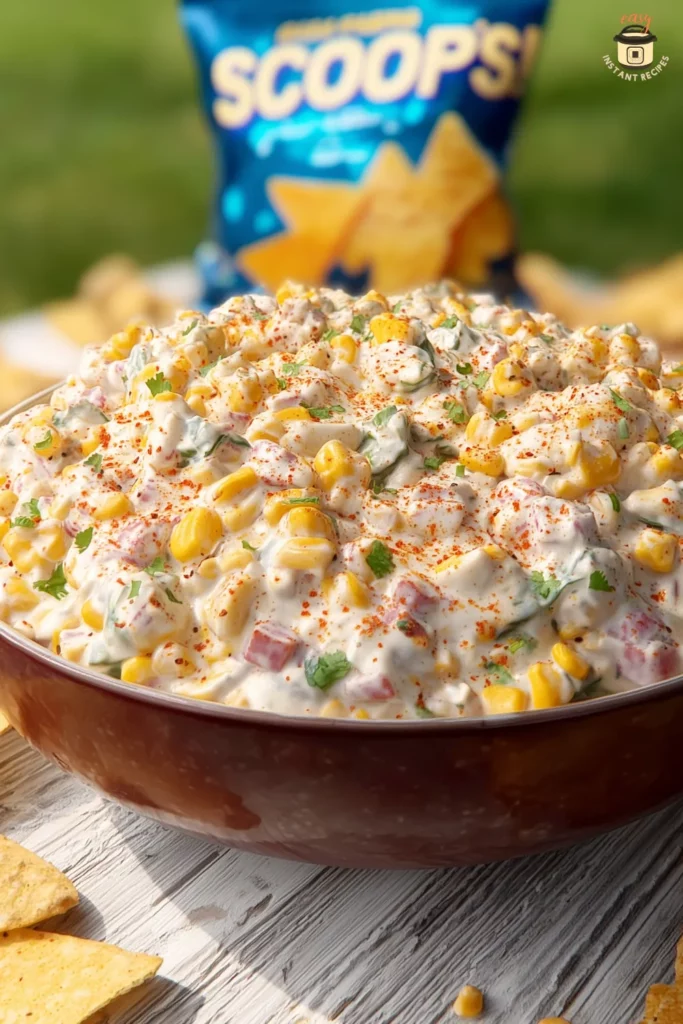 A large bowl of creamy Mexican corn dip made with corn, peppers, cilantro, cheese, and spices, served outdoors with tortilla chips and a bag of Scoops chips in the background.