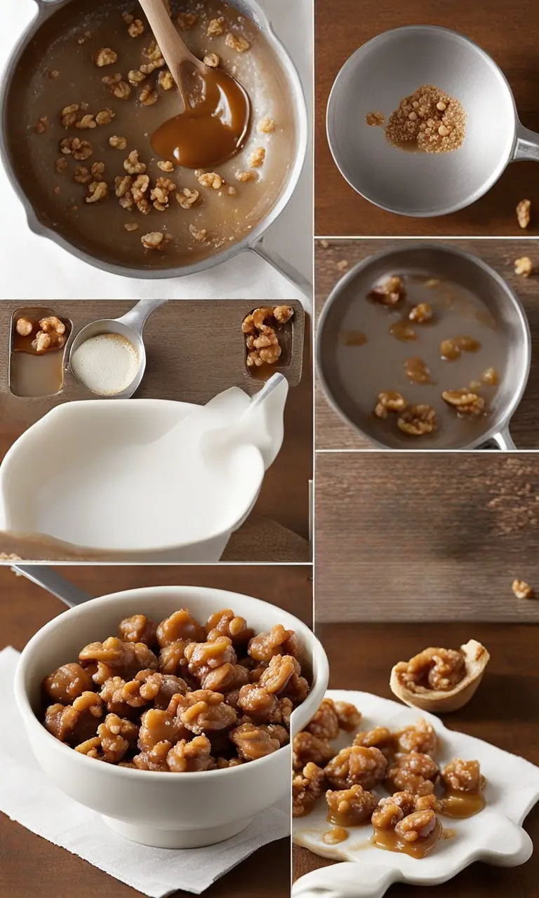 Freshly coated caramel walnuts spread out to cool.