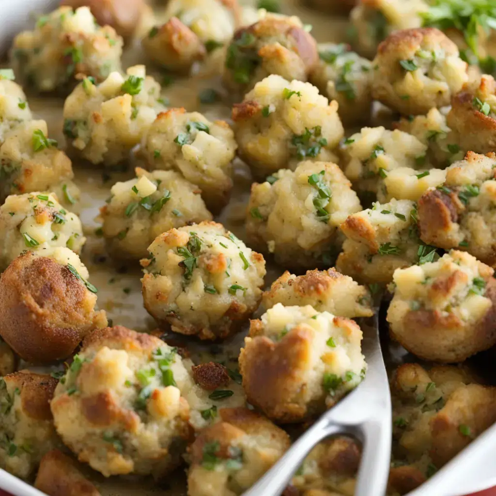 Golden-brown Stuffing Balls on a festive plate.