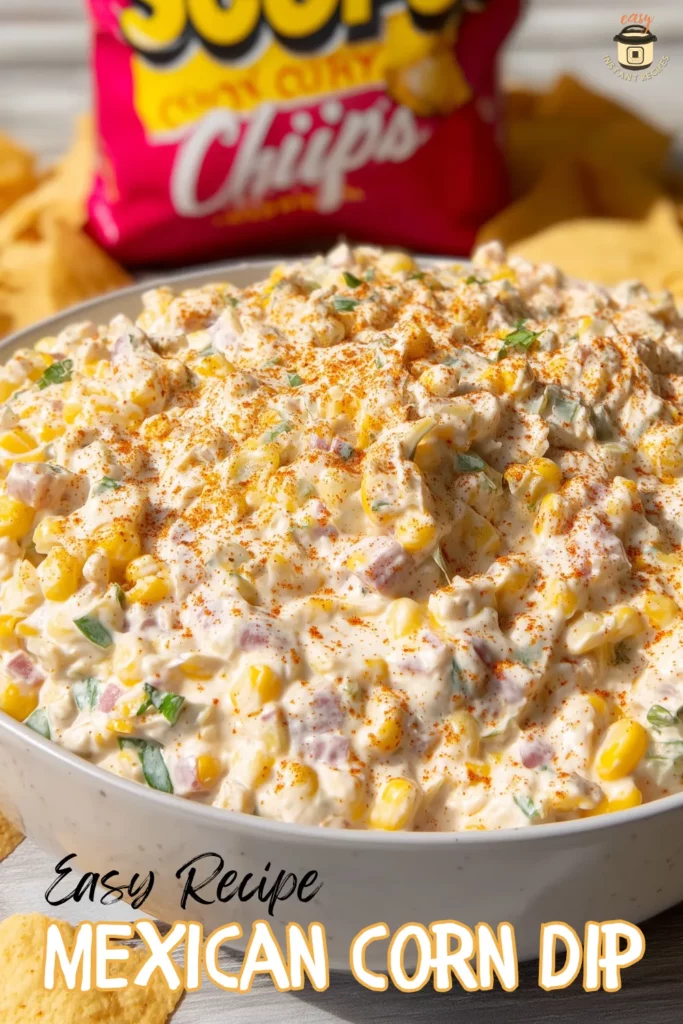 Creamy Mexican corn dip made with sweet corn, diced peppers, cheese, and spices, served in a large bowl with tortilla chips. Bright and colorful fiesta-style appetizer topped with paprika and herbs.