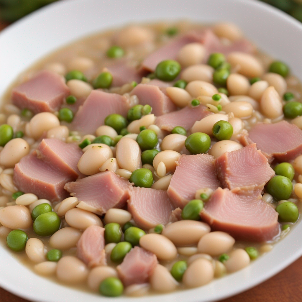 Hearty bowl of Ham & White Beans on rustic kitchen table.