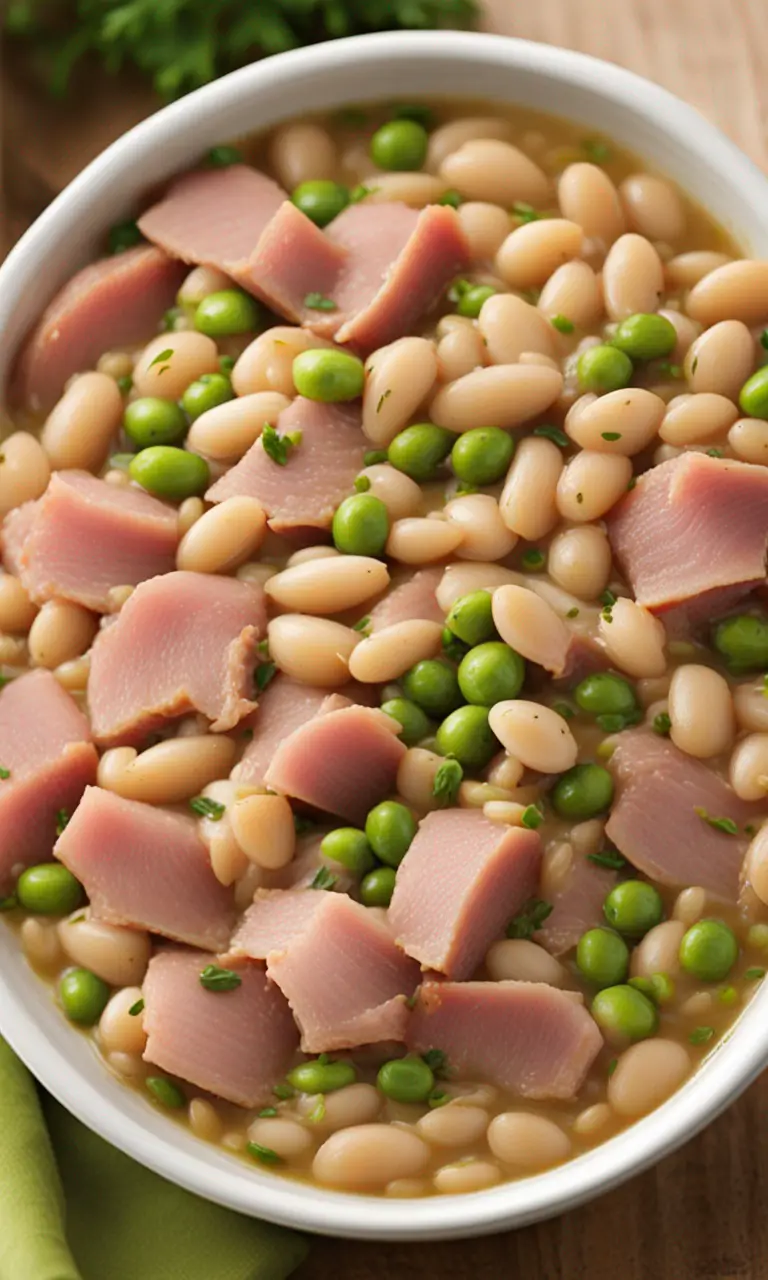 Hearty bowl of Ham & White Beans on rustic kitchen table.