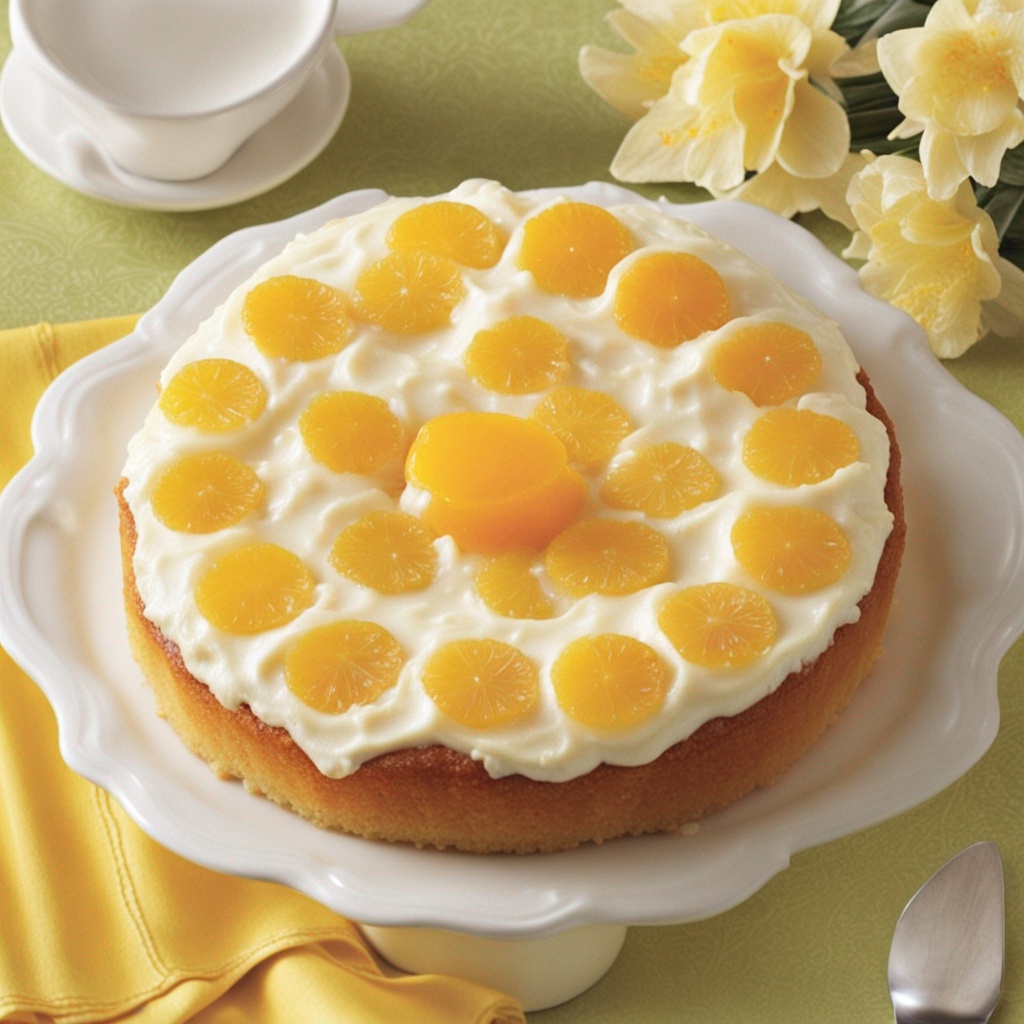 Elegant Pineapple-Orange Sunshine Cake ready for serving.