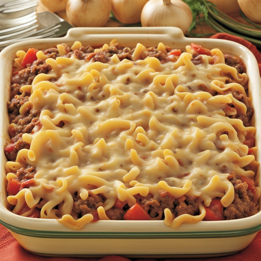 Hearty Cheesy Hamburger Casserole fresh from the oven.