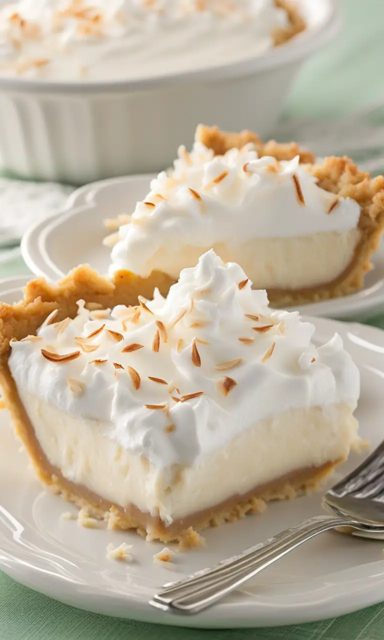 Delicious Creamy Coconut Pie on a Serving Platter. Pin for Pinterest