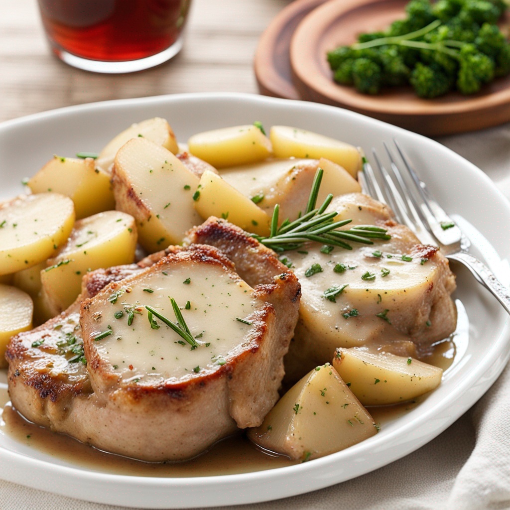 Final dish of crockpot ranch pork chops and potatoes.