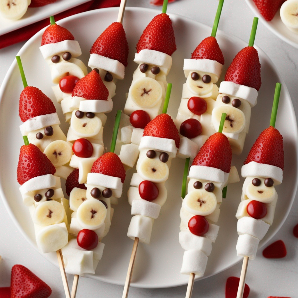 Close-up of Banana Santa Skewer with Chocolate Chip Eyes.