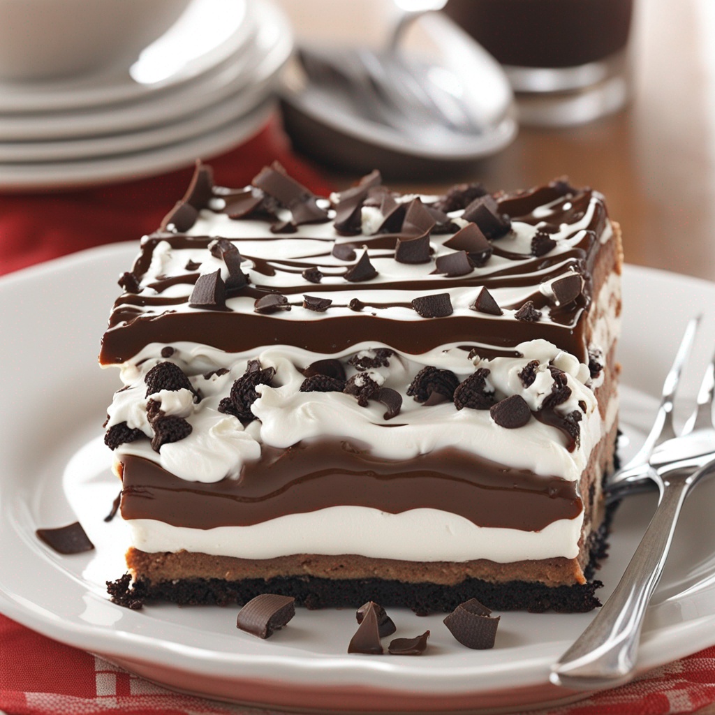 No-Bake Chocolate Lasagna in a serving dish.