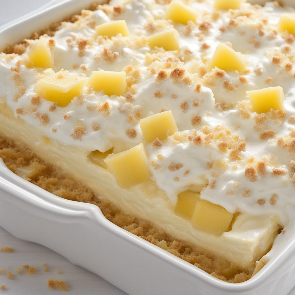 Chilled No-Bake Pineapple Cream Dessert ready to serve.